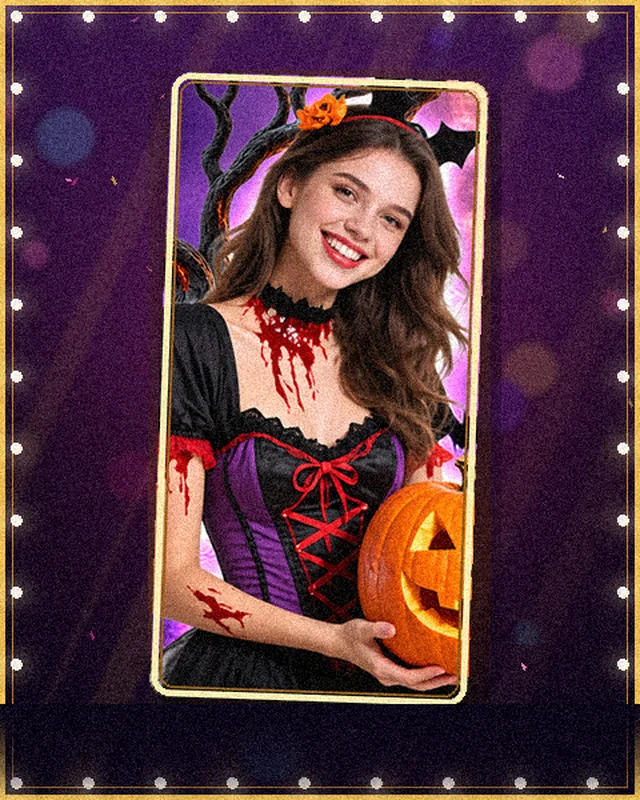Karakter pesta zk988 berkostum peri hitam memegang labu Halloween