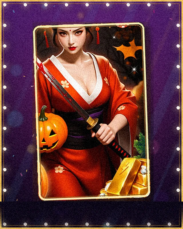 Karakter zk988 berkimono merah dengan katana dan labu Halloween